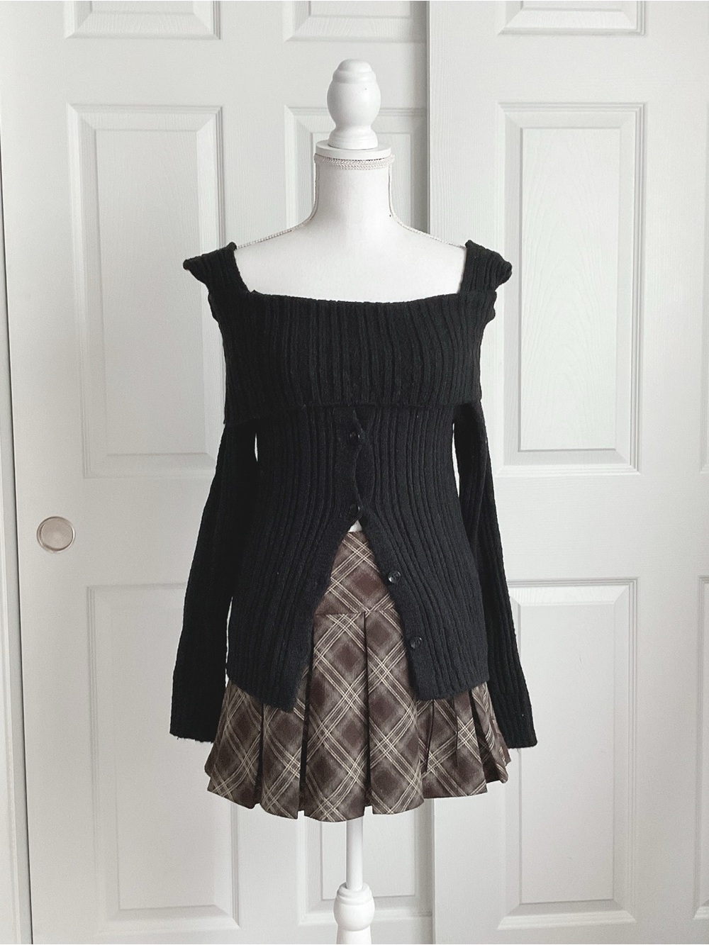 Black Off-Shoulder Ribbed Button-Front Sweater